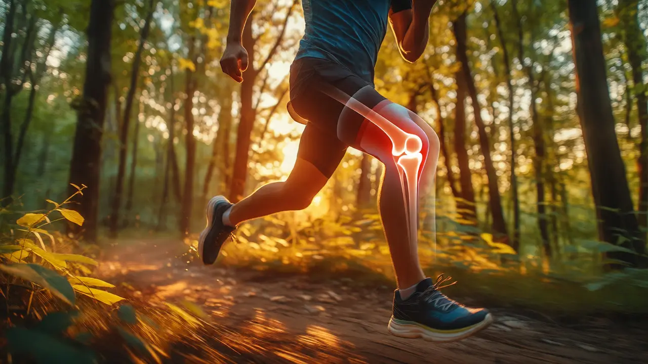 Běžec v lese se zvýrazněným kloubem pro podporu chrupavky.