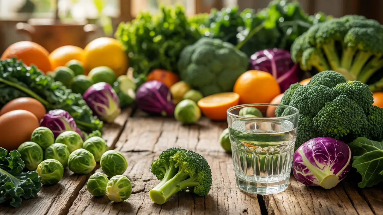 Čerstvá zelenina a vejce na stole jako podpora detoxikace jater