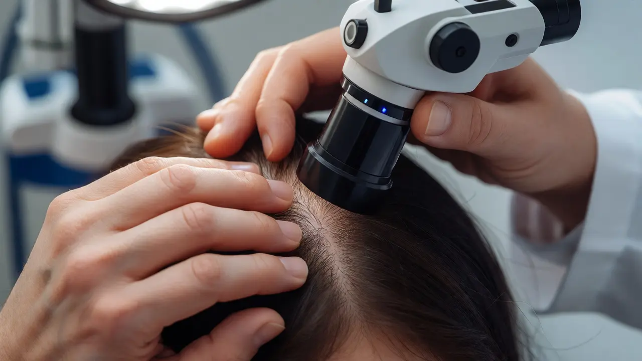Dermatolog zkoumá pokožku hlavy pomocí trichoskopu
