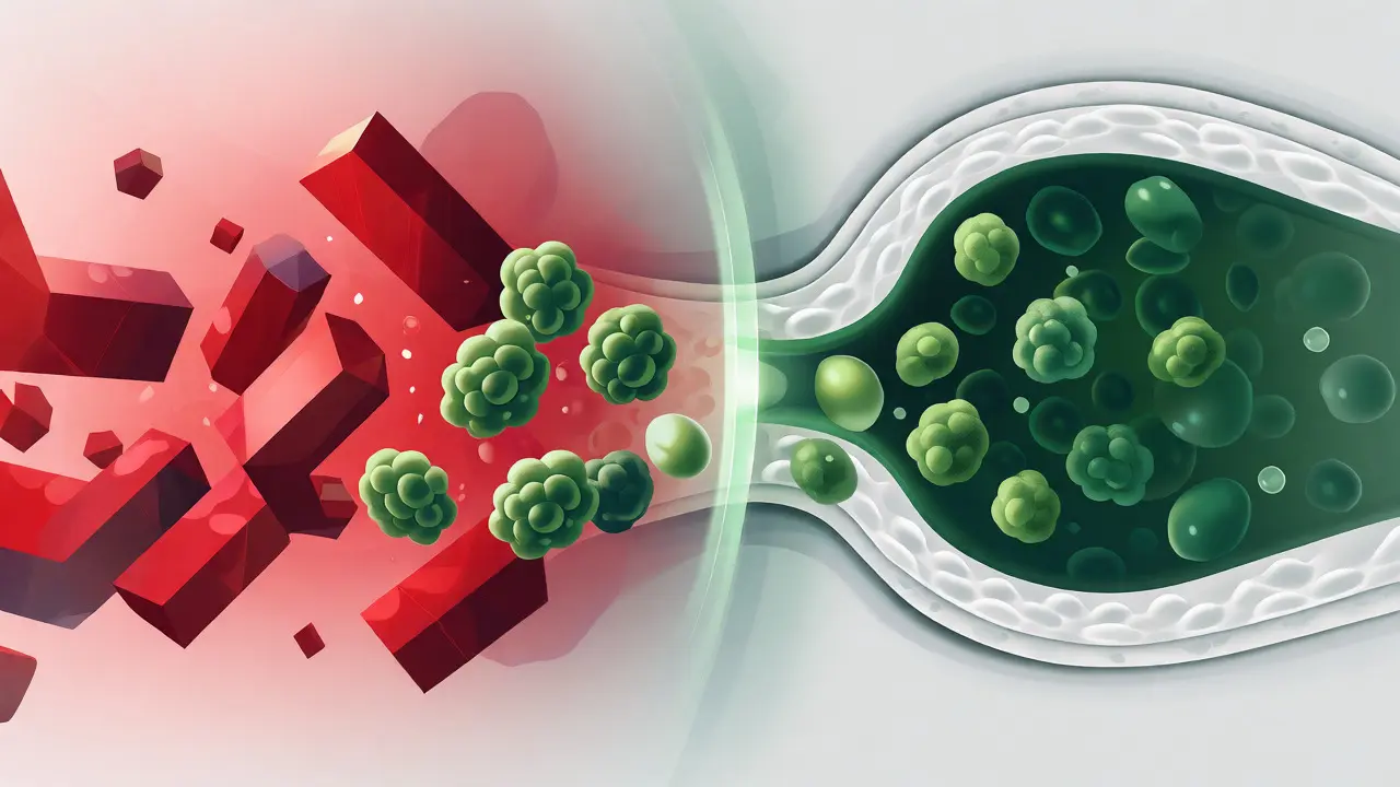 Ilustrace konfliktu antibiotik a probiotik ve střevech s časovým rozestupem.