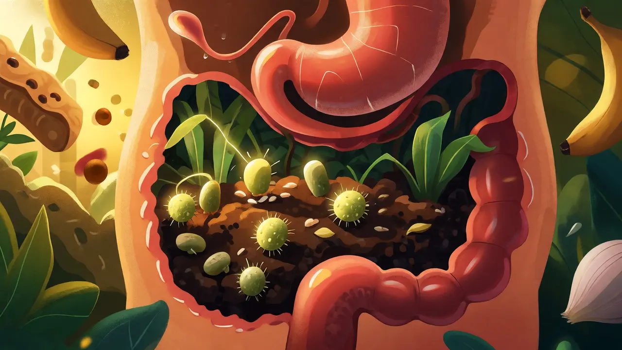 Ilustrace střeva jako zahrady s rostoucími prospěšnými bakteriemi.