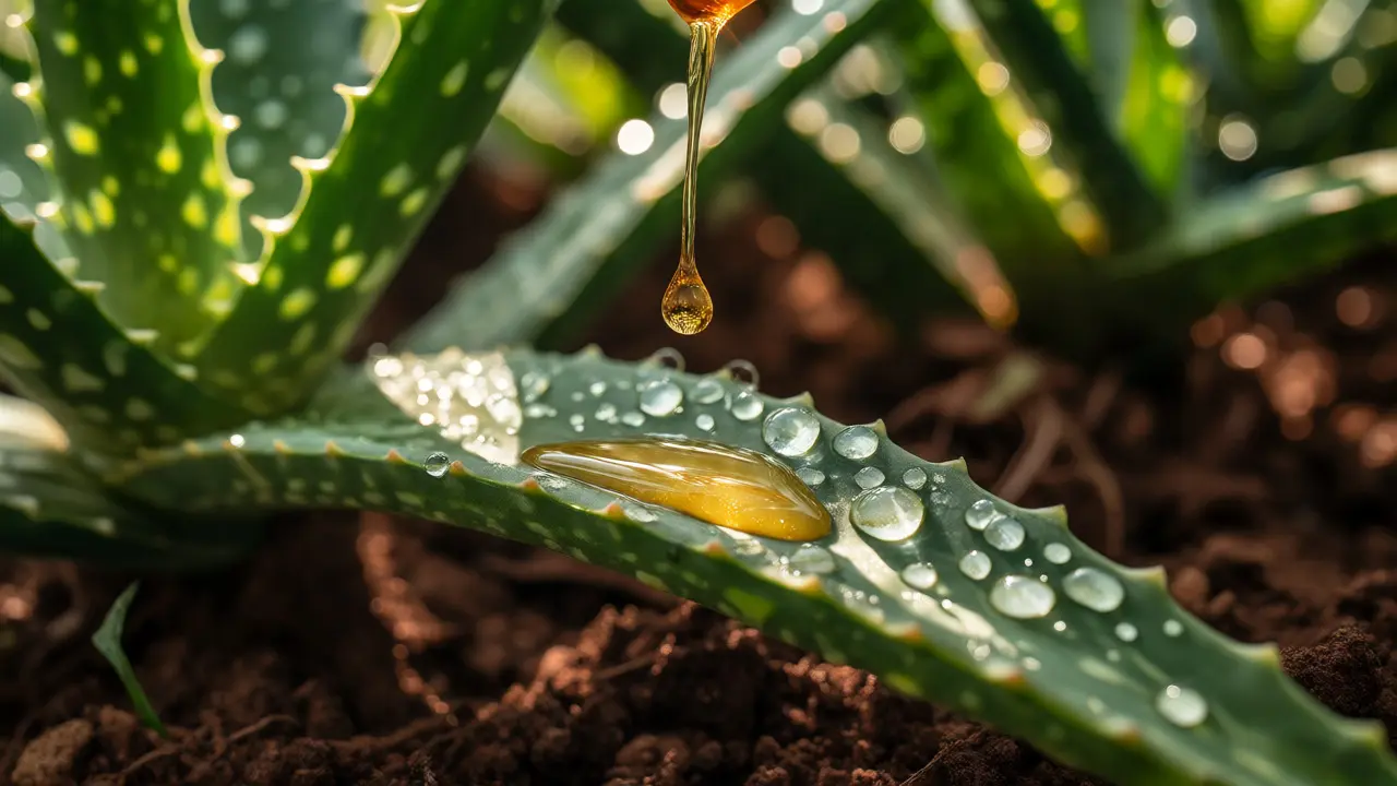 Kapka oleje dopadá na čerstvý list aloe vera v přírodním prostředí.