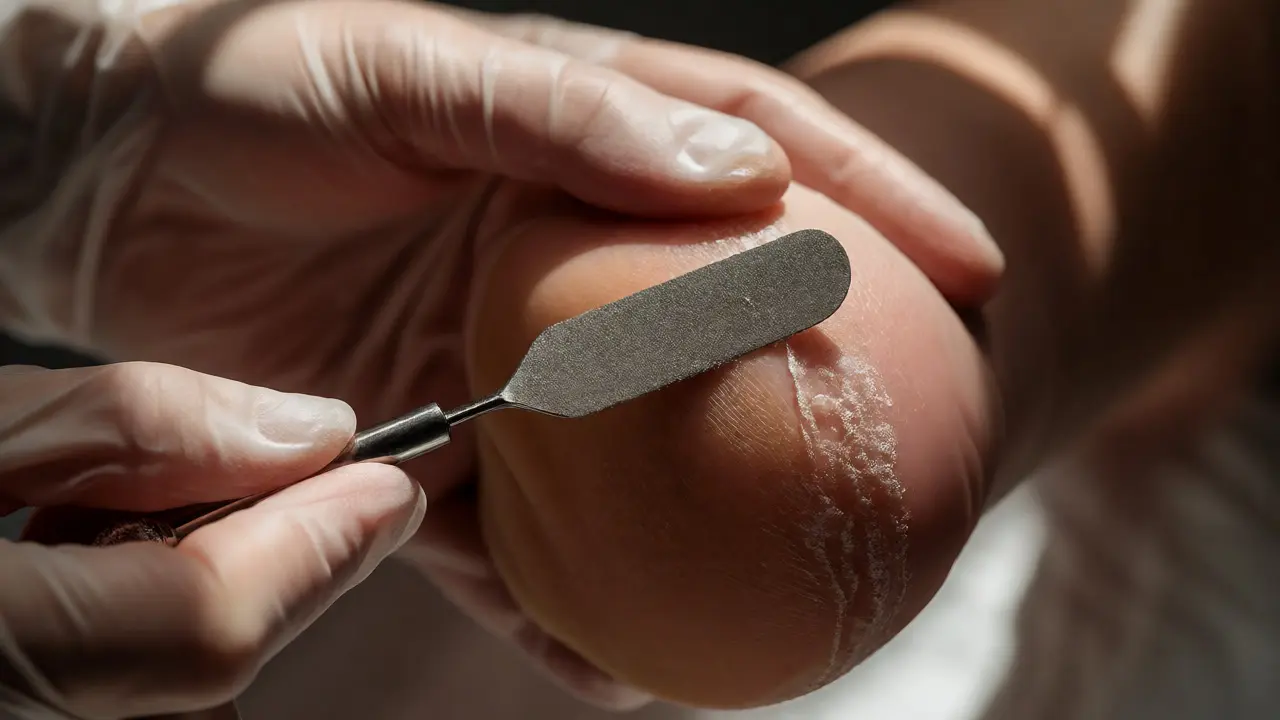 Odstraňování ztvrdlé kůže z paty pomocí pilníku během pedikúry
