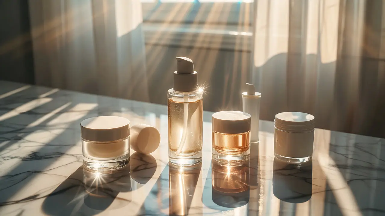 Sada pečujících produktů na mramorové desce osvětlená ranním sluncem