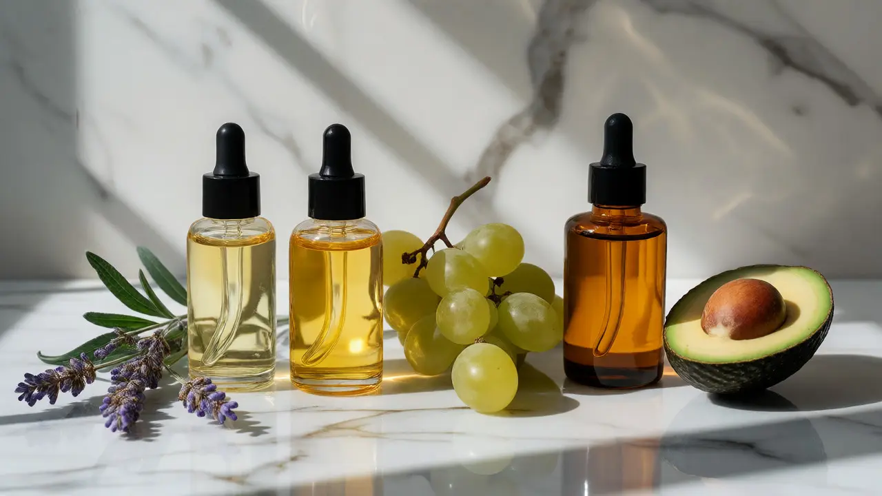 Tři lahvičky pleťových olejů s botanickými ingrediencemi na mramoru