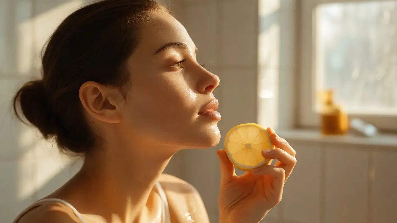 Zdravá a hydratovaná pleť ženy s citronem jako symbolem vitamínu C