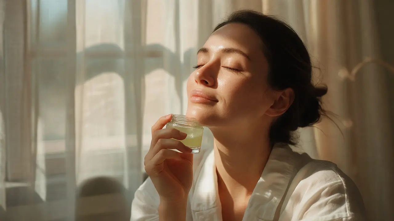 Žena s hydratovanou pletí drží nádobku s aloe vera gelem po provedení domácího peelingu.
