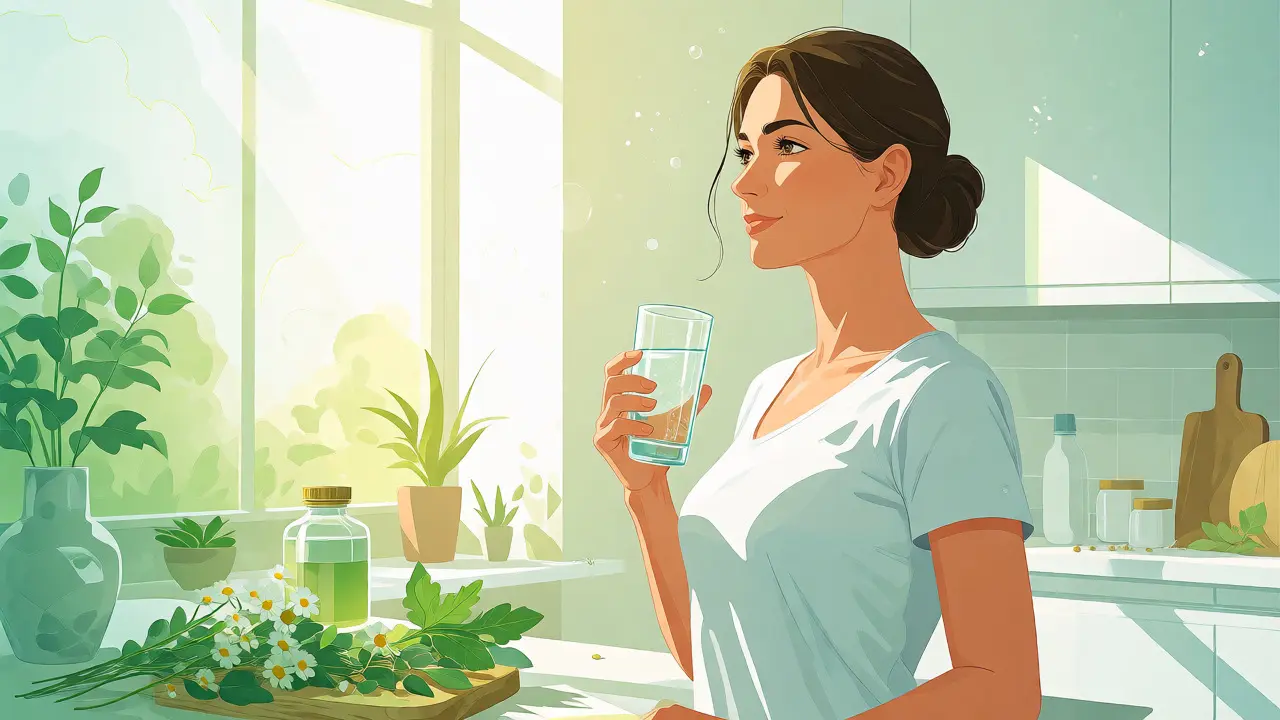 Žena v jasné místnosti pije vodu jako symbol detoxikace a regenerace
